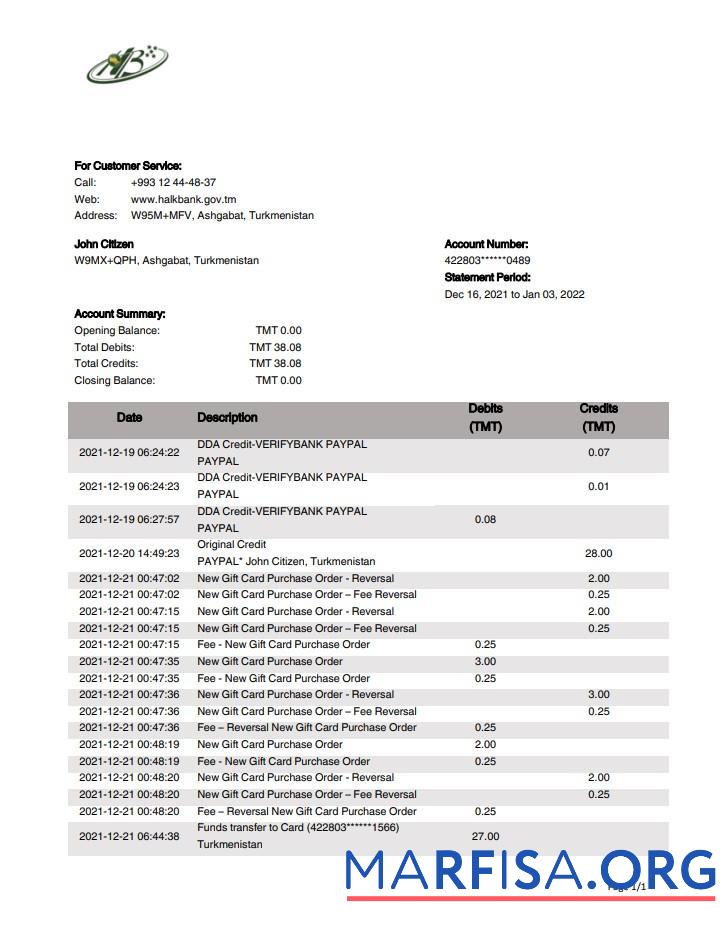 Blank Turkmenistan HalkBank bank statement word sample
